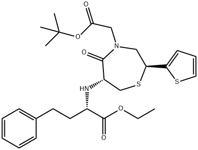 1,4-Thiazepine-4(5H)-acetic acid, 6-[[(1S)-1-(ethoxycarbonyl)-3-phenylpropyl]amino]tetrahydro-5-oxo-2-(2-thienyl)-, 1,1-dimethylethyl ester, (2S,6R)- Structure