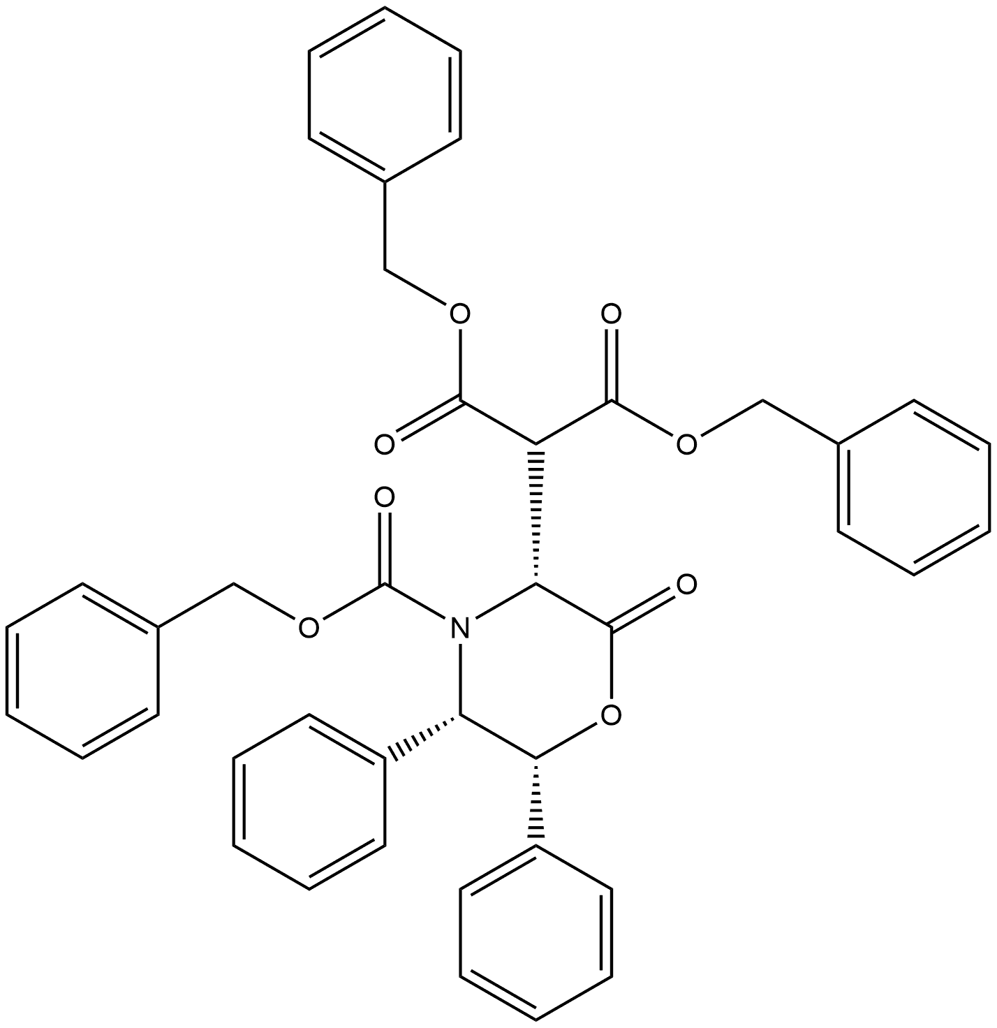 Propanedioic acid, [2-oxo-5,6-diphenyl-4-[(phenylmethoxy)carbonyl]-3-morpholinyl]-, bis(phenylmethyl) ester, [3R-(3α,5α,6α)]- (9CI) Structure