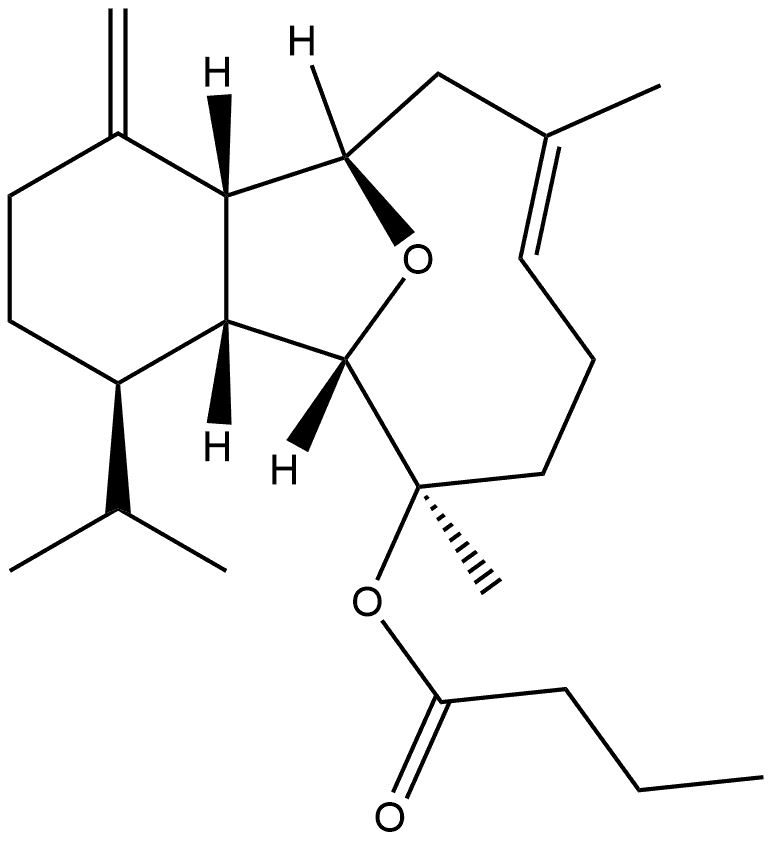 Butanoic acid, (4R,4aR,5S,6R,9E,12S,12aR)-1,2,3,4,4a,5,6,7,8,11,12,12a-dodecahydro-6,10-dimethyl-1-methylene-4-(1-methylethyl)-5,12-epoxybenzocyclodecen-6-yl ester, rel-(-)- (9CI)|化合物 LITOPHYNIN A