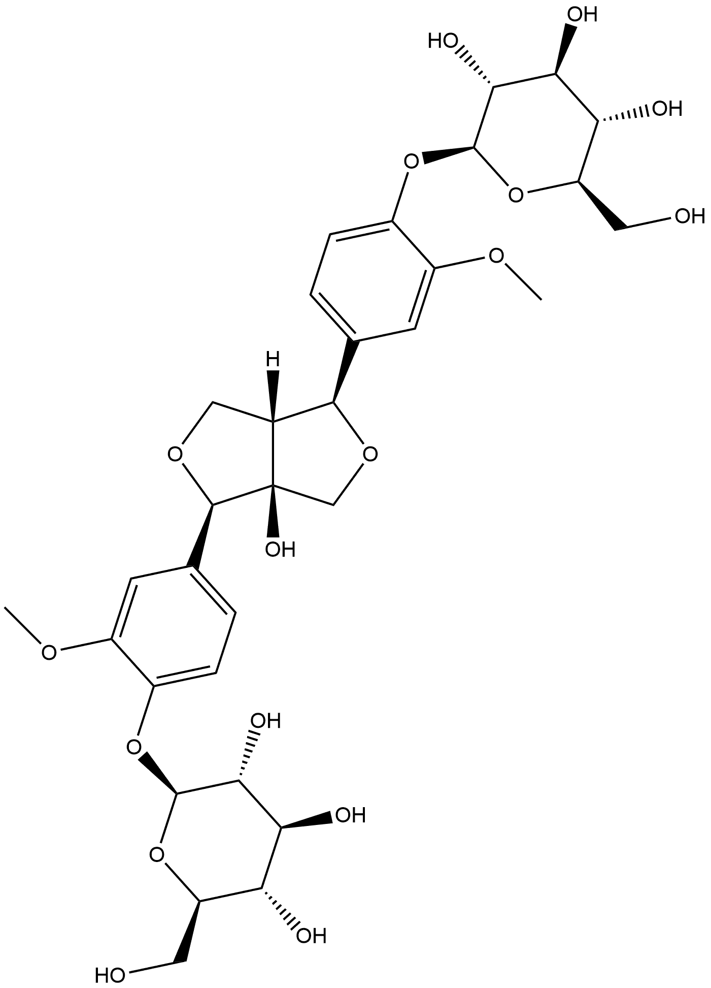β-D-Glucopyranoside, [[(3R,3aS,6S,6aR)-tetrahydro-3a-hydroxy-1H,3H-furo[3,4-c]furan-3,6-diyl]bis(2-methoxy-4,1-phenylene)]bis 结构式