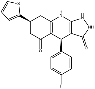 1H-Pyrazolo[3,4-b]quinoline-3,5(2H,6H)-dione, 4-(4-fluorophenyl)-4,7,8,9-tetrahydro-7-(2-thienyl)-, (4S,7S)- Structure