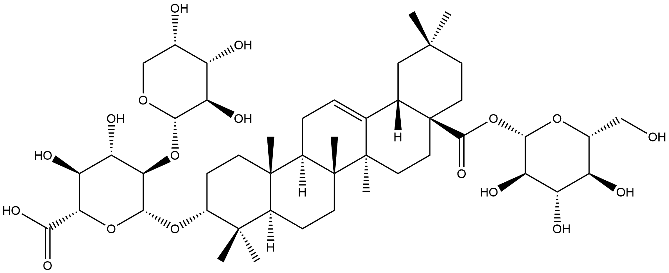 β-D-Glucopyranosiduronic acid, (3β)-28-(β-D-glucopyranosyloxy)-28-oxoolean-12-en-3-yl 2-O-α-L-arabinopyranosyl- Structure