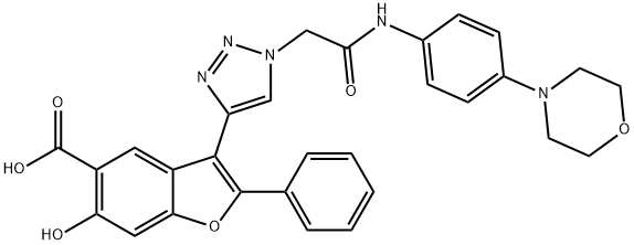 6-ヒドロキシ-3-[1-[(4-モルホリノフェニル)カルバモイルメチル]-1H-1,2,3-トリアゾール-4-イル]-2-フェニルベンゾフラン-5-カルボン酸 化学構造式