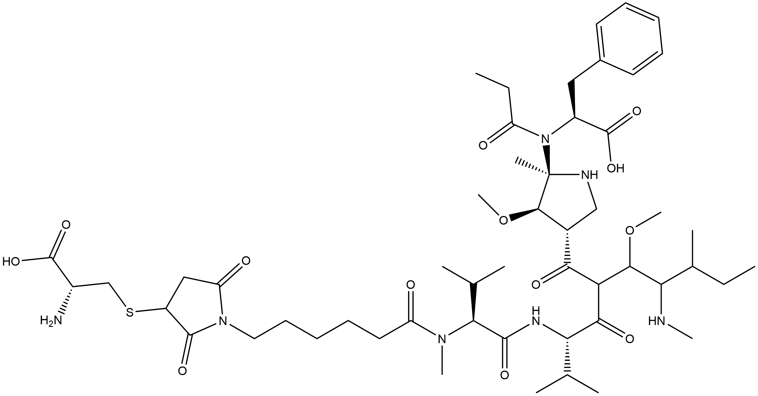 N-[6-[3-[[(2R)-2-Amino-2-carboxyethyl]thio]-2,5-dioxo-1-pyrrolidinyl]-1-oxohexyl]-N-methyl-L-valyl-L-valyl-(3R,4S,5S)-3-methoxy-5-methyl-4-(methylamino)heptanoyl-(αR,βR,2S)-β-methoxy-α-methyl-2-pyrrolidinepropanoyl-L-phenylalanine Structure