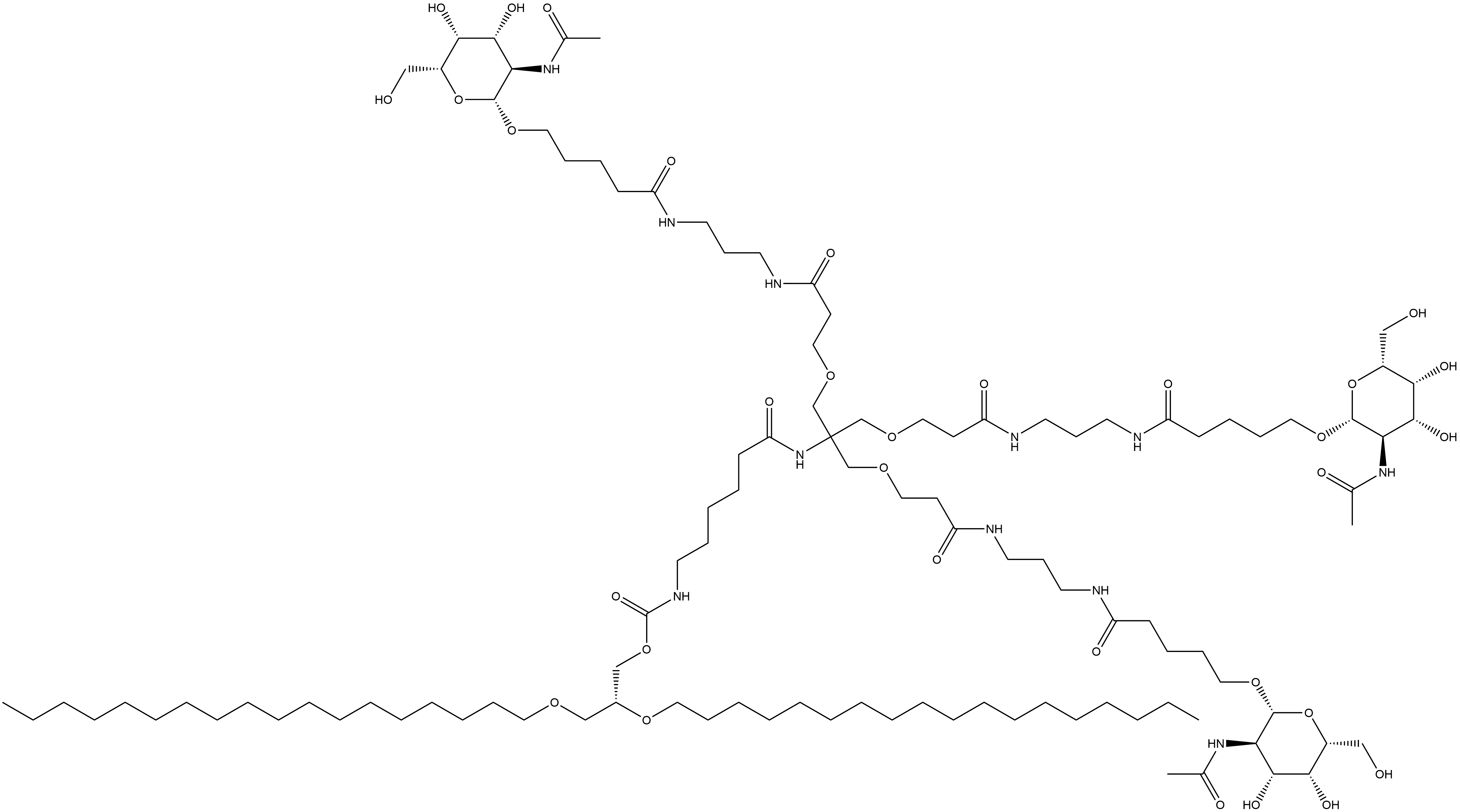 (2R)-2,3-Bis(octadecyloxy)propyl 25-[[2-(acetylamino)-2-deoxy-β-D-galactopyranosyl]oxy]-10,10-bis[[3-[[3-[[5-[[2-(acetylamino)-2-deoxy-β-D-galactopyranosyl]oxy]-1-oxopentyl]amino]propyl]amino]-3-oxopropoxy]methyl]-8,15,21-trioxo-12-oxa-2,9,16,20-tetraazapentacosanoate 结构式