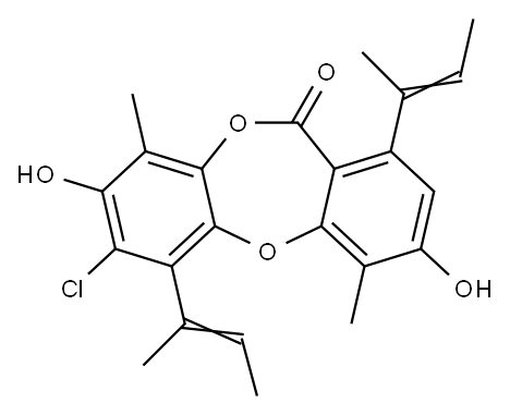 11H-Dibenzo[b,e][1,4]dioxepin-11-one, 7-chloro-3,8-dihydroxy-4,9-dimethyl-1,6-bis(1-methyl-1-propenyl)- (9CI) Structure