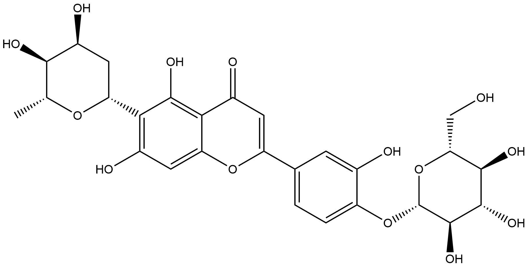 4H-1-Benzopyran-4-one, 6-(2,6-dideoxy-β-D-ribo-hexopyranosyl)-2-[4-(β-D-glucopyranosyloxy)-3-hydroxyphenyl]-5,7-dihydroxy- Structure