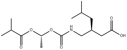 Hexanoic acid, 5-methyl-3-[[[[(1R)-1-(2-methyl-1-oxopropoxy)ethoxy]carbonyl]amino]methyl]-, (3S)- Structure
