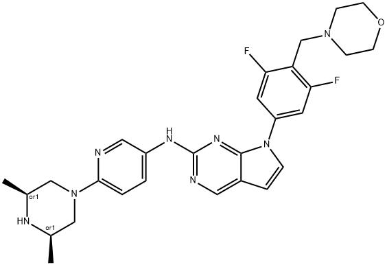 7H-Pyrrolo[2,3-d]pyrimidin-2-amine, 7-[3,5-difluoro-4-(4-morpholinylmethyl)phenyl]-N-[6-[(3R,5S)-3,5-dimethyl-1-piperazinyl]-3-pyridinyl]-, rel-|化合物 BVB-808