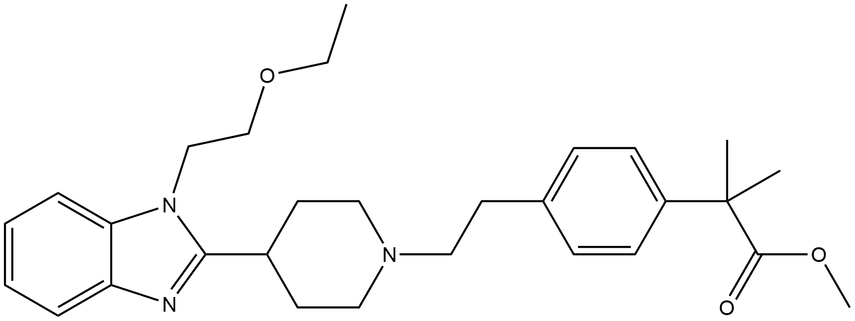 Benzeneacetic acid, 4-[2-[4-[1-(2-ethoxyethyl)-1H-benzimidazol-2-yl]-1-piperidinyl]ethyl]-α,α-dimethyl-, methyl ester, 1181267-38-8, 结构式