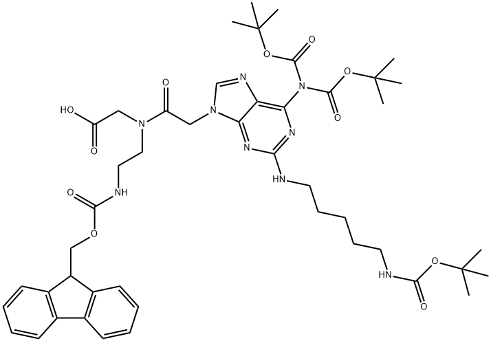 N-2-{(9H-fluoren-9-yl)methoxycarbonylamino}-ethyl-N-2-6-{bis(t-butoxycarbonyl)amino}-2-{5-(t-butoxycarbonylamino)-pentyl}amino-9H-purin-9-ylacetylglycine Structure