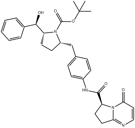 1-Pyrrolidinecarboxylic acid, 2-[(R)-hydroxyphenylmethyl]-5-[[4-[[[(6S)-4,6,7,8-tetrahydro-4-oxopyrrolo[1,2-a]pyrimidin-6-yl]carbonyl]amino]phenyl]methyl]-, 1,1-dimethylethyl ester, (2R,5S)- Struktur