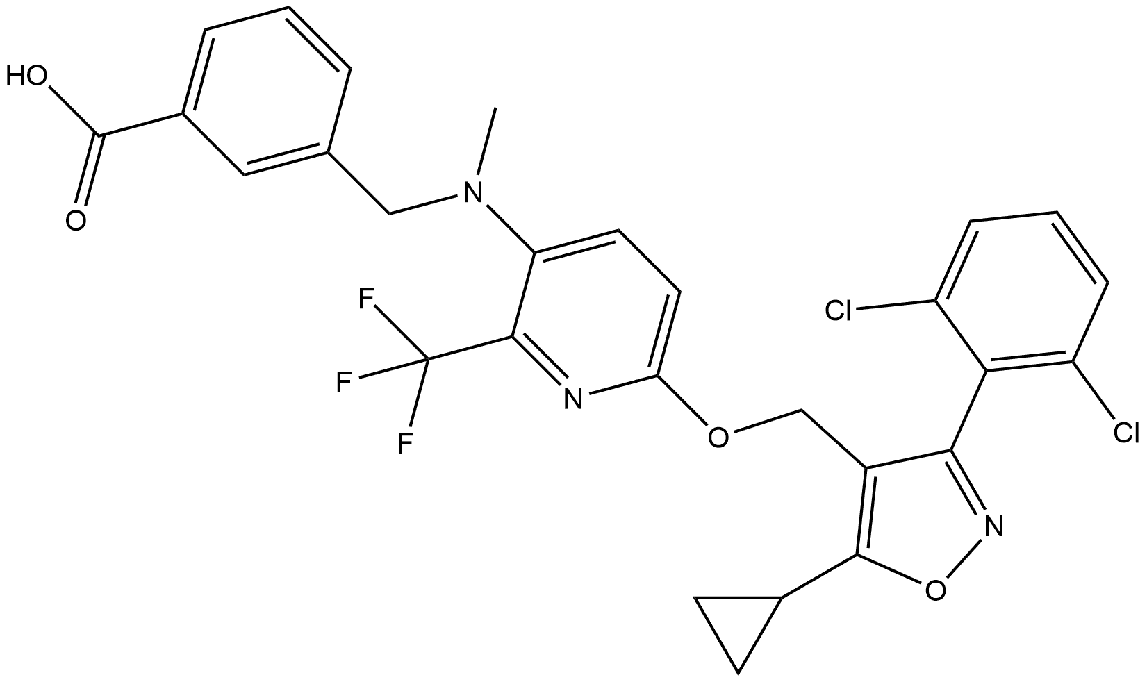 Benzoic acid, 3-[[[6-[[5-cyclopropyl-3-(2,6-dichlorophenyl)-4-isoxazolyl]methoxy]-2-(trifluoromethyl)-3-pyridinyl]methylamino]methyl]-,1198085-27-6,结构式