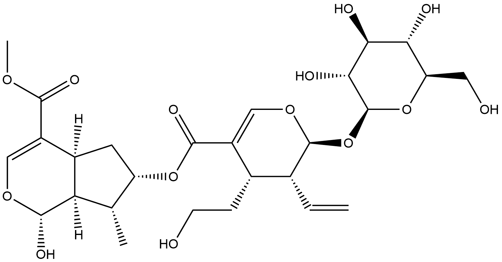 Cyclopenta[c]pyran-4-carboxylic acid, 6-[[[(2S,3R,4S)-3-ethenyl-2-(β-D-glucopyranosyloxy)-3,4-dihydro-4-(2-hydroxyethyl)-2H-pyran-5-yl]carbonyl]oxy]-1,4a,5,6,7,7a-hexahydro-1-hydroxy-7-methyl-, methyl ester, (1R,4aS,6S,7R,7aS)- (9CI) Structure