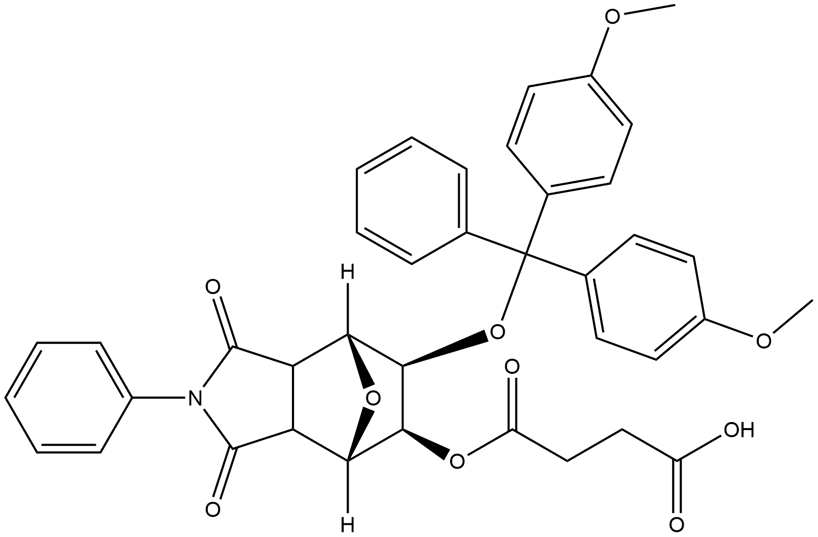 Butanedioic acid, 1-[(4S,5S,6R,7R)-6-[bis(4-methoxyphenyl)phenylmethoxy]octahydro-1,3-dioxo-2-phenyl-4,7-epoxy-1H-isoindol-5-yl] ester, rel- 化学構造式