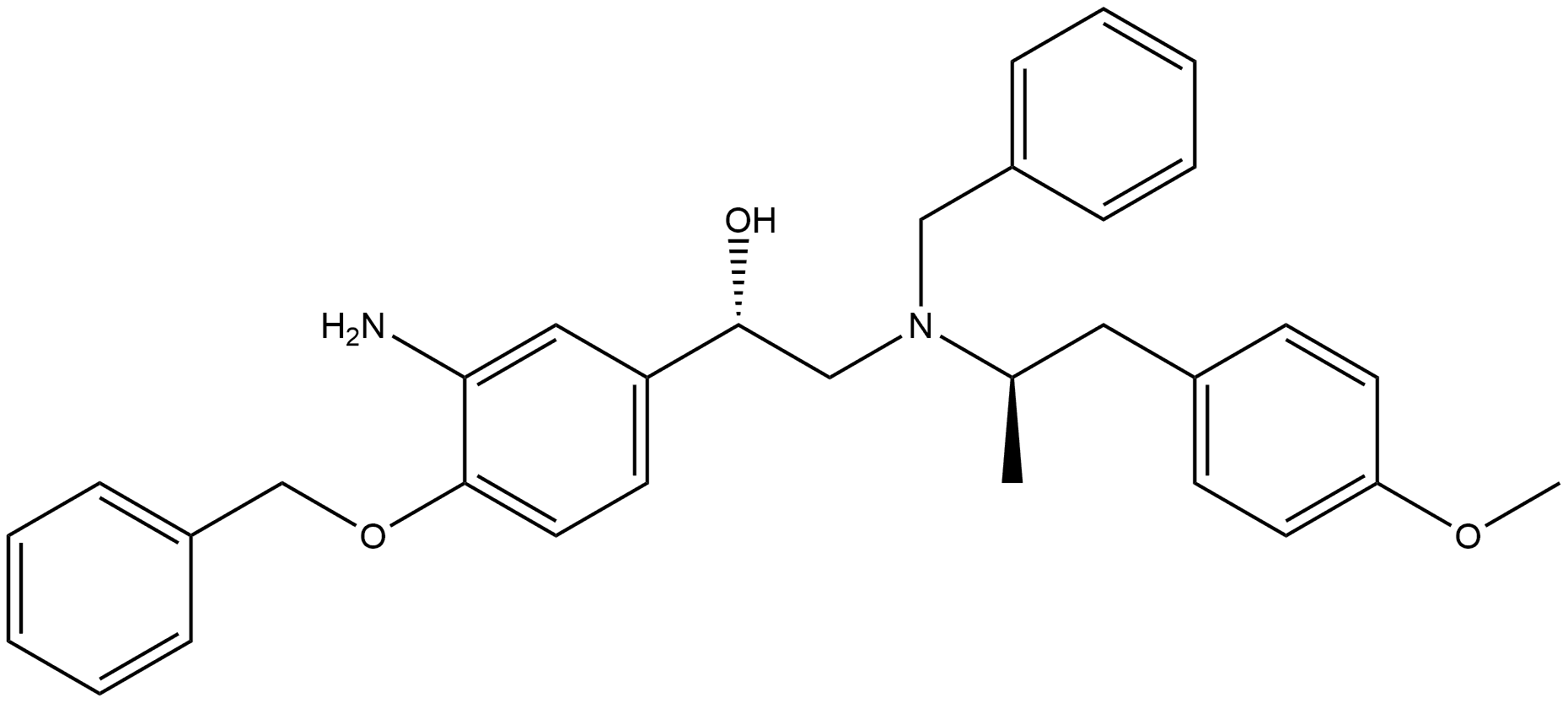 Benzenemethanol, 3-amino-α-[[[(1R)-2-(4-methoxyphenyl)-1-methylethyl](phenylmethyl)amino]methyl]-4-(phenylmethoxy)-, (αS)-rel- 化学構造式