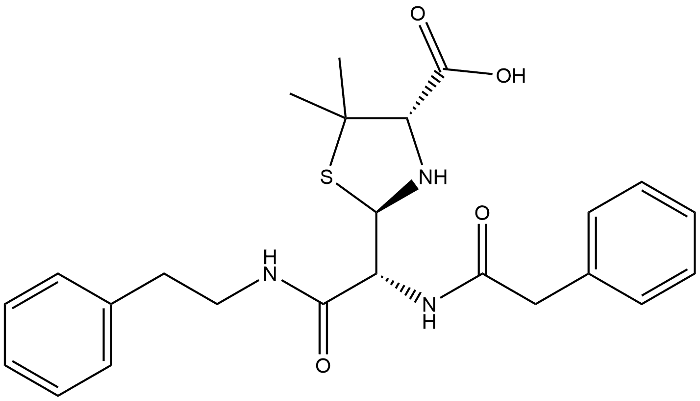 4-Thiazolidinecarboxylic acid, 5,5-dimethyl-2-[2-oxo-1-[(phenylacetyl)amino]-2-[(2-phenylethyl)amino]ethyl]-, [2R-[2α(R*),4β]]- (9CI) 化学構造式