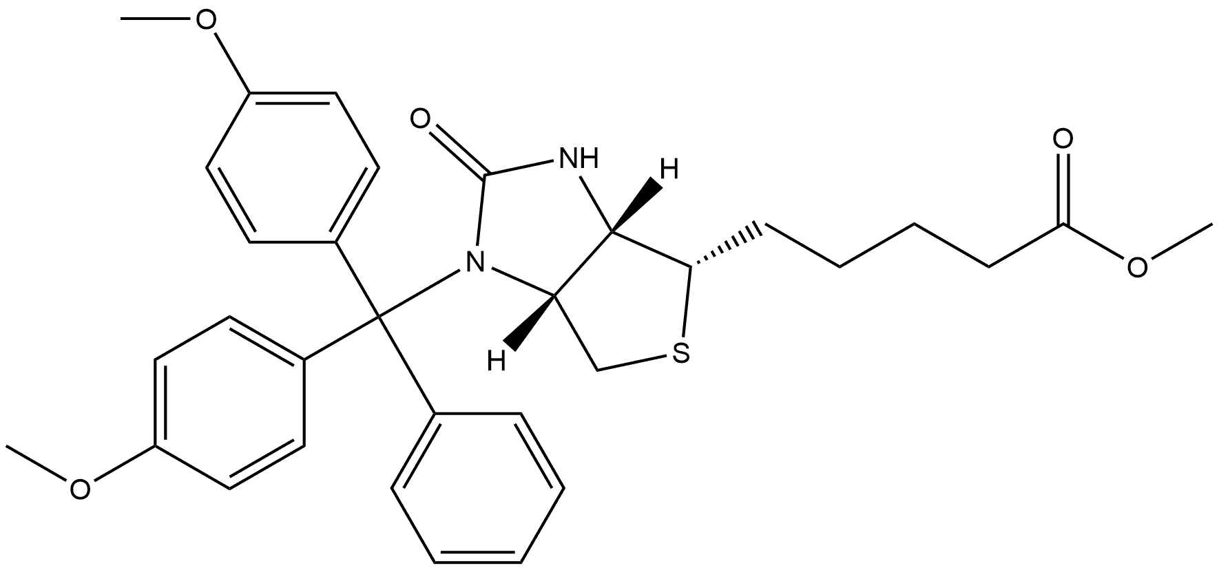 1H-Thieno[3,4-d]imidazole-4-pentanoic acid, 1-[bis(4-methoxyphenyl)phenylmethyl]hexahydro-2-oxo-, methyl ester, (3aS,4S,6aR)- Struktur