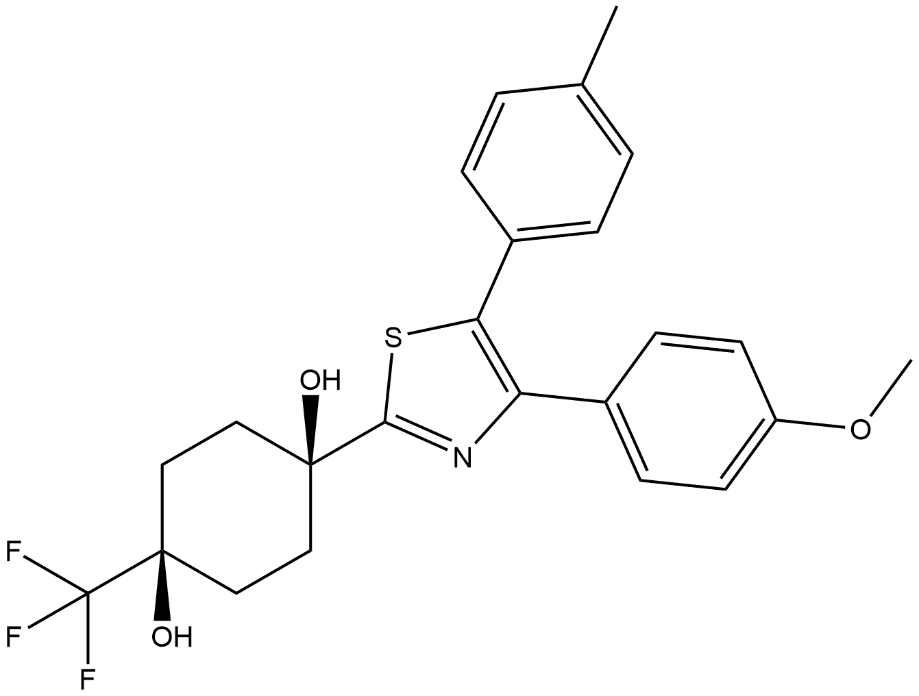 cis-1-[4-(4-Methoxyphenyl)-5-(4-methylphenyl)-2-thiazolyl]-4-(trifluoromethyl)-1,4-cyclohexanediol 结构式