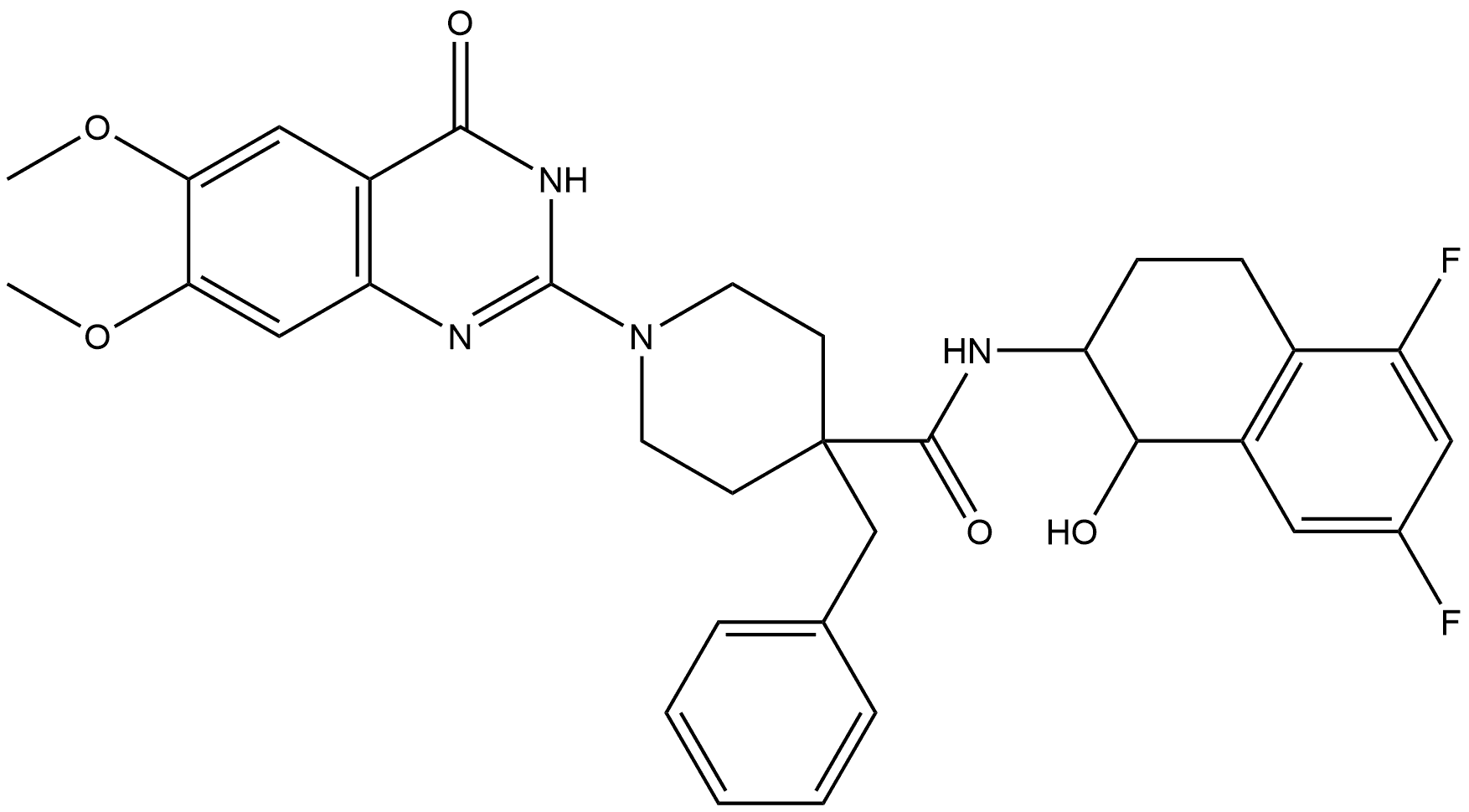 4-benzyl-N-(5,7-difluoro-1-hydroxy-1,2,3,4-tetrahydronaphthalen-2-yl)-1-(6,7-dimethoxy-4-oxo-3,4-dihydroquinazolin-2-yl)piperidine-4-carboxamide 结构式