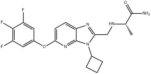 (2S)-2-({[3-シクロブチル-5-(3,4,5-トリフルオロフェノキシ)イミダゾ[4,5-b]ピリジン-2-イル]メチル}アミノ)プロパンアミド 化学構造式