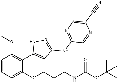tert-butyl 3-(2-(3-(5-cyanopyrazin-2-ylamino)-1H-pyrazol-5-yl)-3-methoxyphenoxy)propylcarbamate Struktur