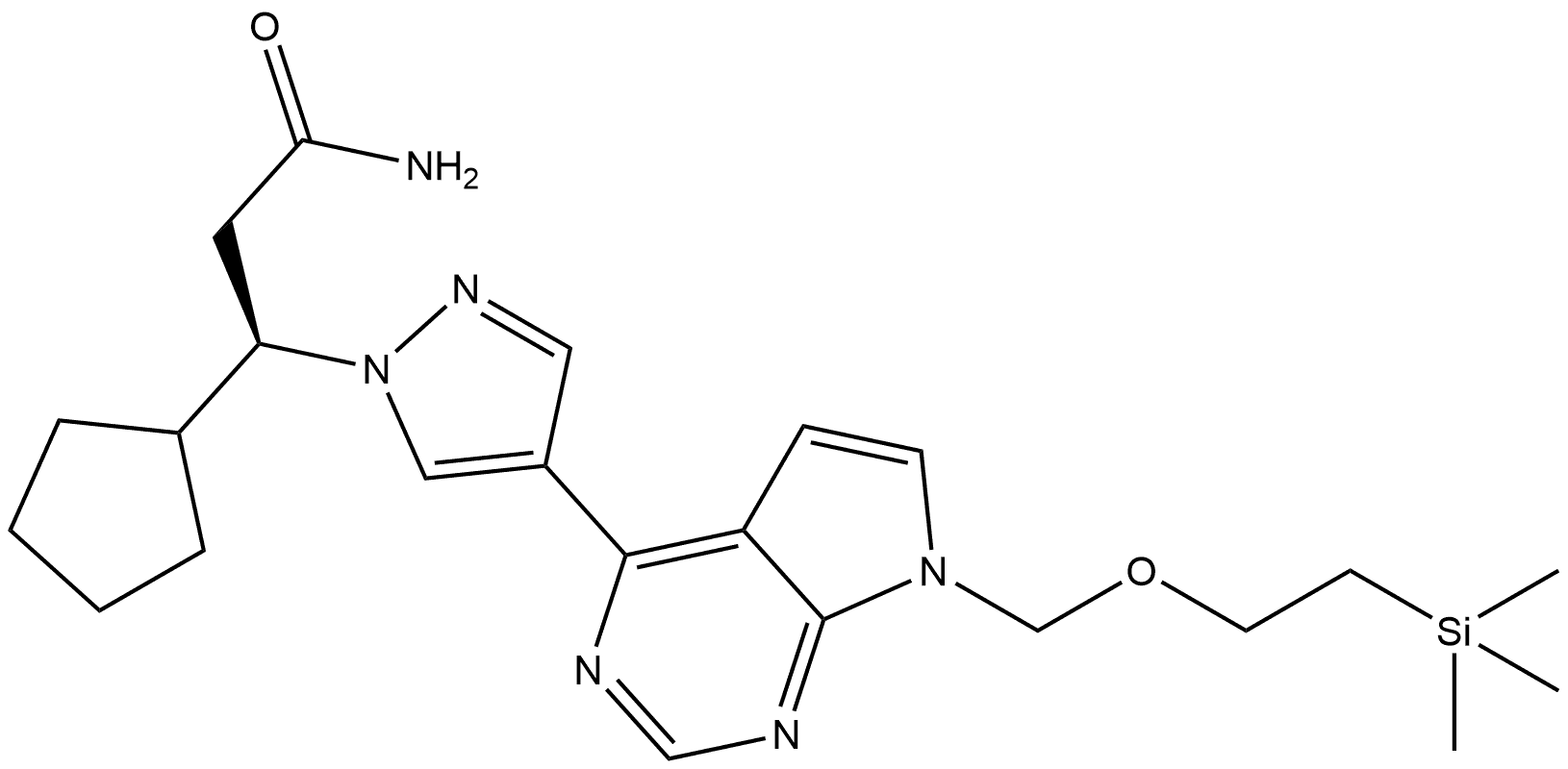 1H-Pyrazole-1-propanamide, β-cyclopentyl-4-[7-[[2-(trimethylsilyl)ethoxy]methyl]-7H-pyrrolo[2,3-d]pyrimidin-4-yl]-, (βR)- Struktur