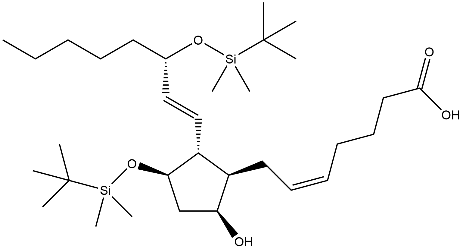 Prosta-5,13-dien-1-oic acid, 11,15-bis[[(1,1-dimethylethyl)dimethylsilyl]oxy]-9-hydroxy-, (5Z,9α,11α,13E,15S)- Struktur