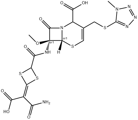 5-Thia-1-azabicyclo[4.2.0]oct-3-ene-2-carboxylic acid, 7-[[[4-(2-amino-1-carboxy-2-oxoethylidene)-1,3-dithietan-2-yl]carbonyl]amino]-7-methoxy-3-[[(1-methyl-1H-tetrazol-5-yl)thio]methyl]-8-oxo-, (6R,7S)-rel- Struktur