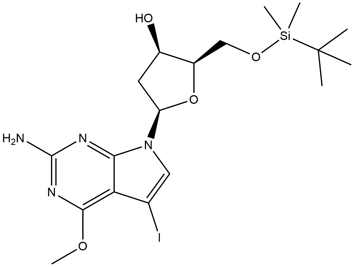 7H-Pyrrolo[2,3-d]pyrimidin-2-amine, 7-[2-deoxy-5-O-[(1,1-dimethylethyl)dimethylsilyl]-β-D-threo-pentofuranosyl]-5-iodo-4-methoxy-,1246813-38-6,结构式