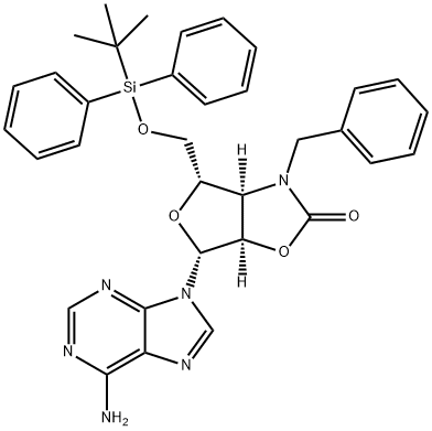 (3AR,4S,6R,6AR)-6-(6-AMINO-9H-PURIN-9-YL)-4-[[[(1,1-DIMETHYLETHYL)DIPHENYLSILYL]OXY]METHYL]TETRAHYDRO-3-(PHENYLMETHYL)FURO[3,4-D]OXAZOL-2(3H)-ONE 结构式