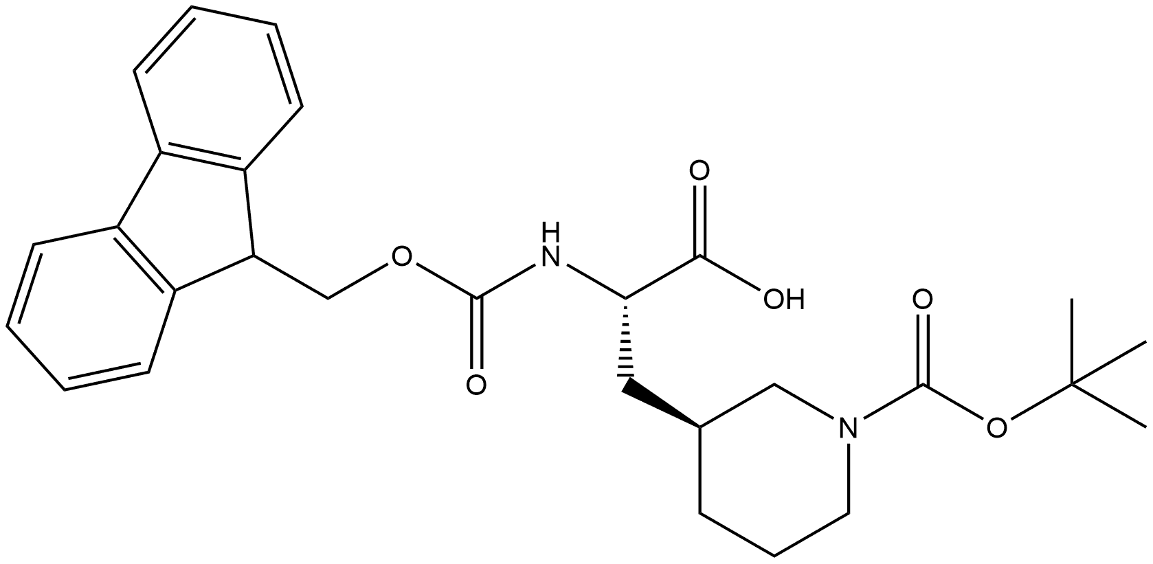 (αS,3S)-1-[(1,1-Dimethylethoxy)carbonyl]-α-[[(9H-fluoren-9-ylmethoxy)carbonyl]amino]-3-piperidinepropanoic acid Structure