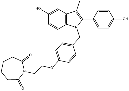 1H-Azepine-2,7-dione, tetrahydro-1-[2-[4-[[5-hydroxy-2-(4-hydroxyphenyl)-3-methyl-1H-indol-1-yl]methyl]phenoxy]ethyl]- Struktur