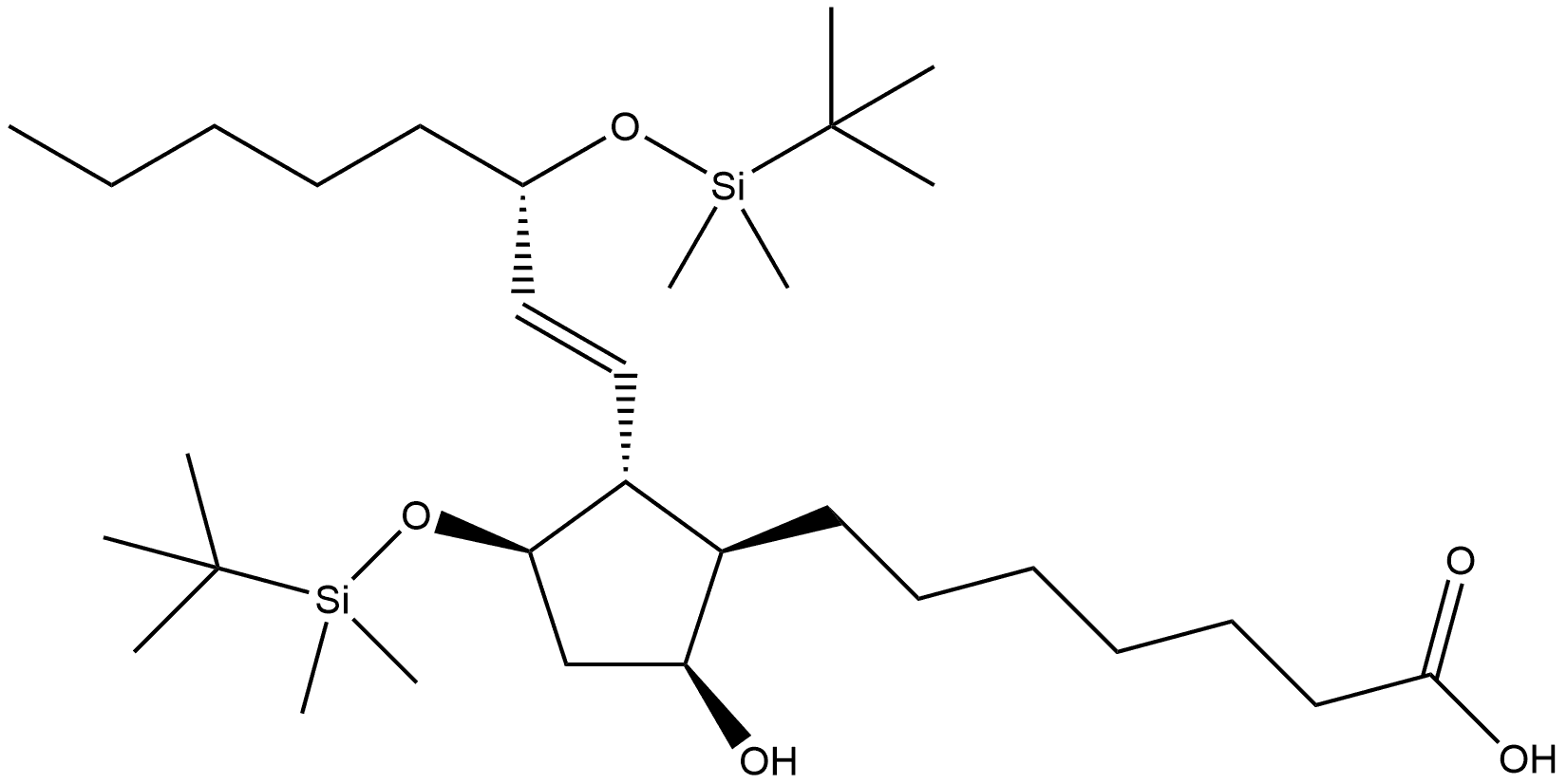Prost-13-en-1-oic acid, 11,15-bis[[(1,1-dimethylethyl)dimethylsilyl]oxy]-9-hydroxy-, (9α,11α,13E,15S)- Struktur
