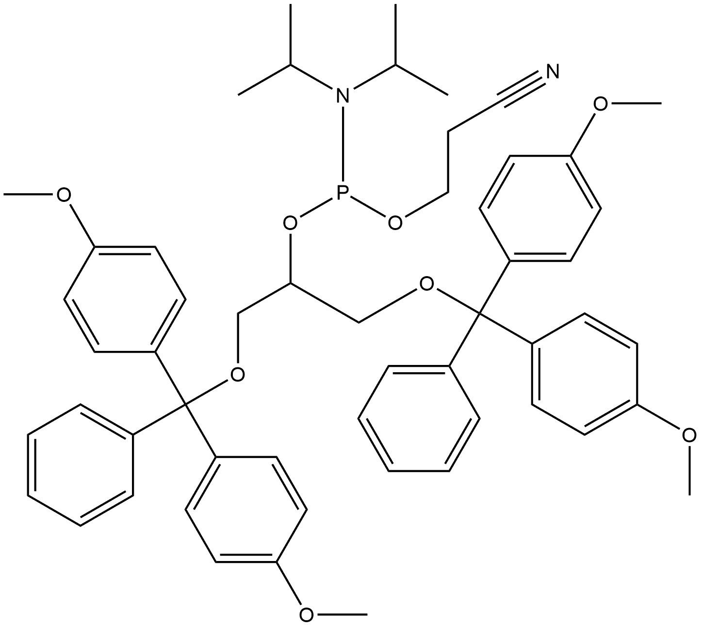 Phosphoramidous acid, N,N-bis(1-methylethyl)-, 2-[bis(4-methoxyphenyl)phenylmethoxy]-1-[[bis(4-methoxyphenyl)phenylmethoxy]methyl]ethyl 2-cyanoethyl ester Structure