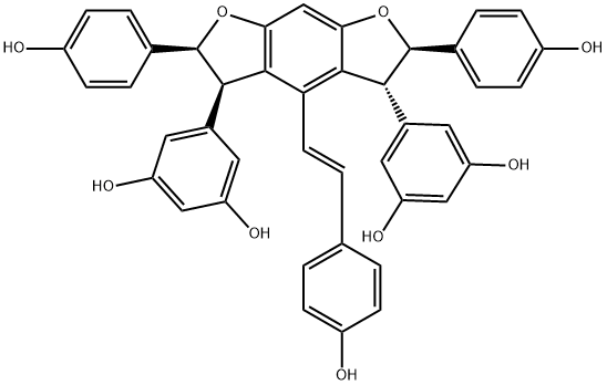 1,3-Benzenediol, 5,5'-[(2R,3R,5R,6S)-2,3,5,6-tetrahydro-2,6-bis(4-hydroxyphenyl)-4-[(1E)-2-(4-hydroxyphenyl)ethenyl]benzo[1,2-b:5,4-b']difuran-3,5-diyl]bis- 化学構造式