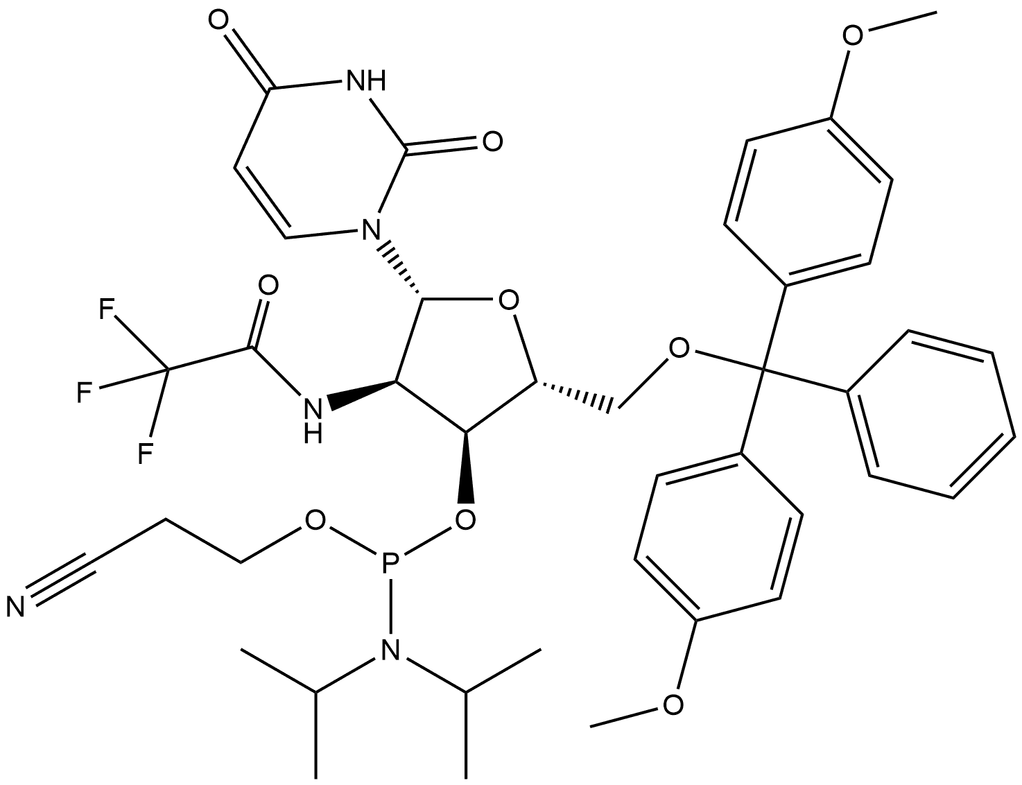 2’-Deoxy-2’-(N-trifluoroacetyl)amino-5’-O-DMTr-uridine 3’-CED phosphoramidite Structure