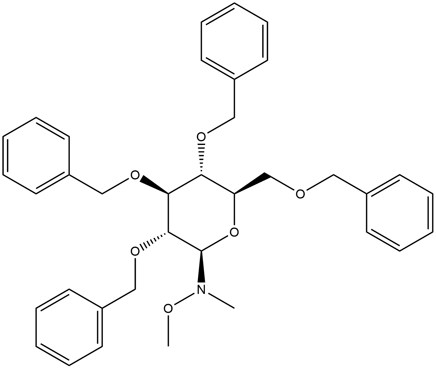 N-Methoxy-N-methyl-2,3,4,6-tetrakis-O-(phenylmethyl)-β-D-glucopyranosylamine 化学構造式