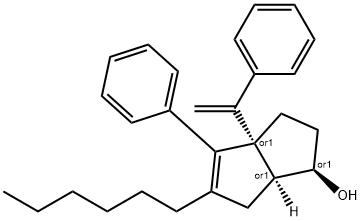 1-Pentalenol, 5-hexyl-1,2,3,3a,6,6a-hexahydro-4-phenyl-3a-(1-phenylethenyl)-, (1R,3aS,6aS)-rel- Struktur