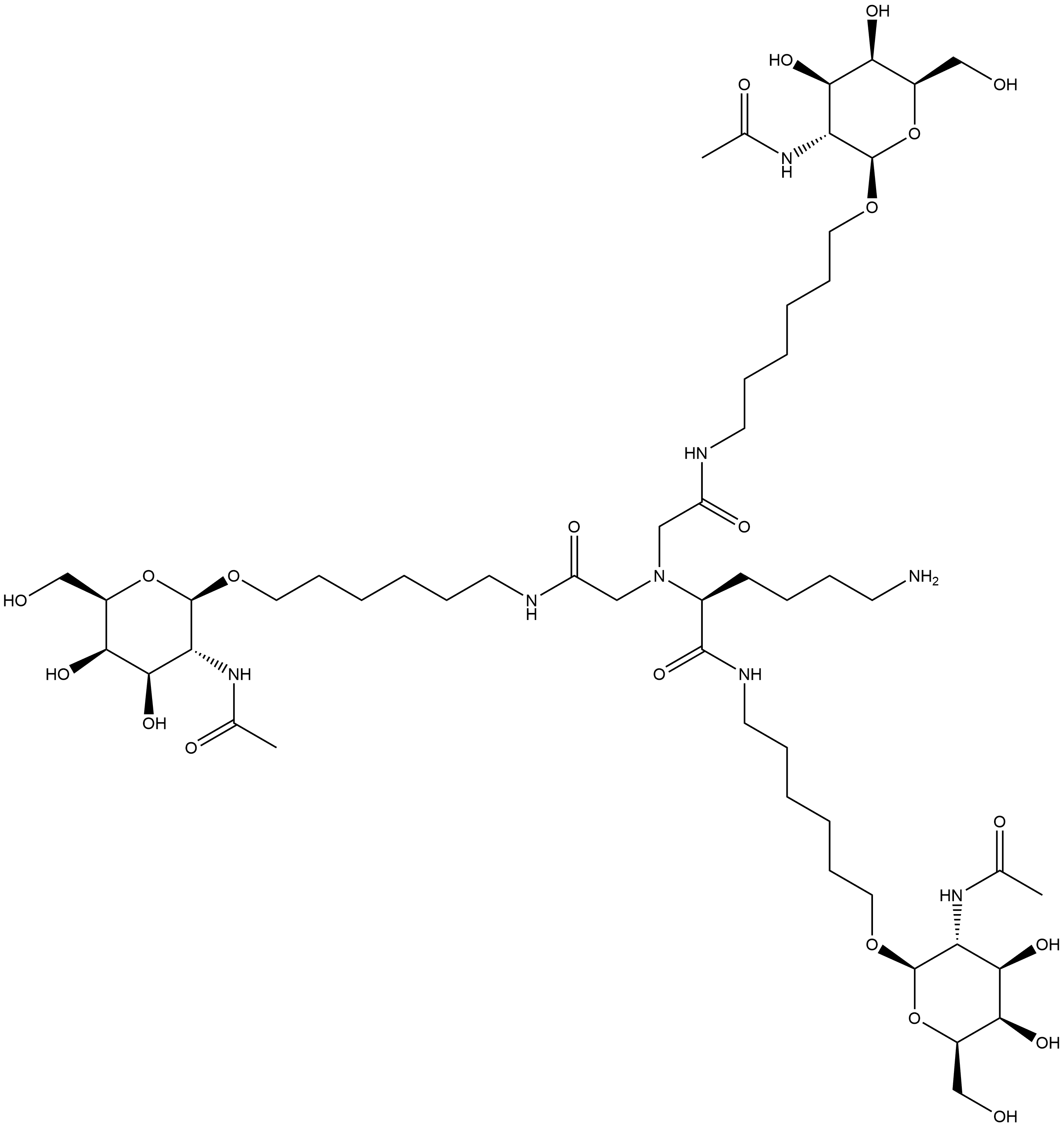 (2S)-N-[6-[[2-(Acetylamino)-2-deoxy-β-D-galactopyranosyl]oxy]hexyl]-6-amino-2-[bis[2-[[6-[[2-(acetylamino)-2-deoxy-β-D-galactopyranosyl]oxy]hexyl]amino]-2-oxoethyl]amino]hexanamide 化学構造式