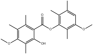Benzoic acid, 2-hydroxy-4-methoxy-3,5,6-trimethyl-, 3-methoxy-2,5,6-trimethylphenyl ester Struktur