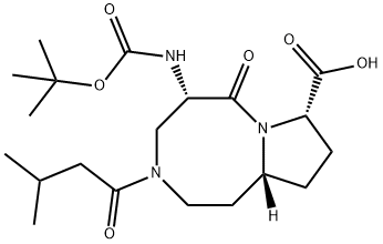 Pyrrolo[1,2-a][1,5]diazocine-8-carboxylic acid, 5-[[(1,1-dimethylethoxy)carbonyl]amino]decahydro-3-(3-methyl-1-oxobutyl)-6-oxo-, (5S,8S,10aR)- Struktur