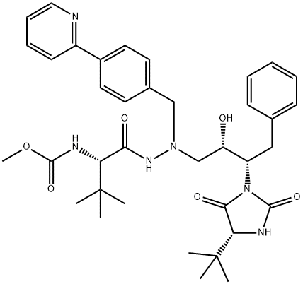 L-Valine, N-(methoxycarbonyl)-3-methyl-, 2-[(2S,3S)-3-[(4R)-4-(1,1-dimethylethyl)-2,5-dioxo-1-imidazolidinyl]-2-hydroxy-4-phenylbutyl]-2-[[4-(2-pyridinyl)phenyl]methyl]hydrazide Struktur