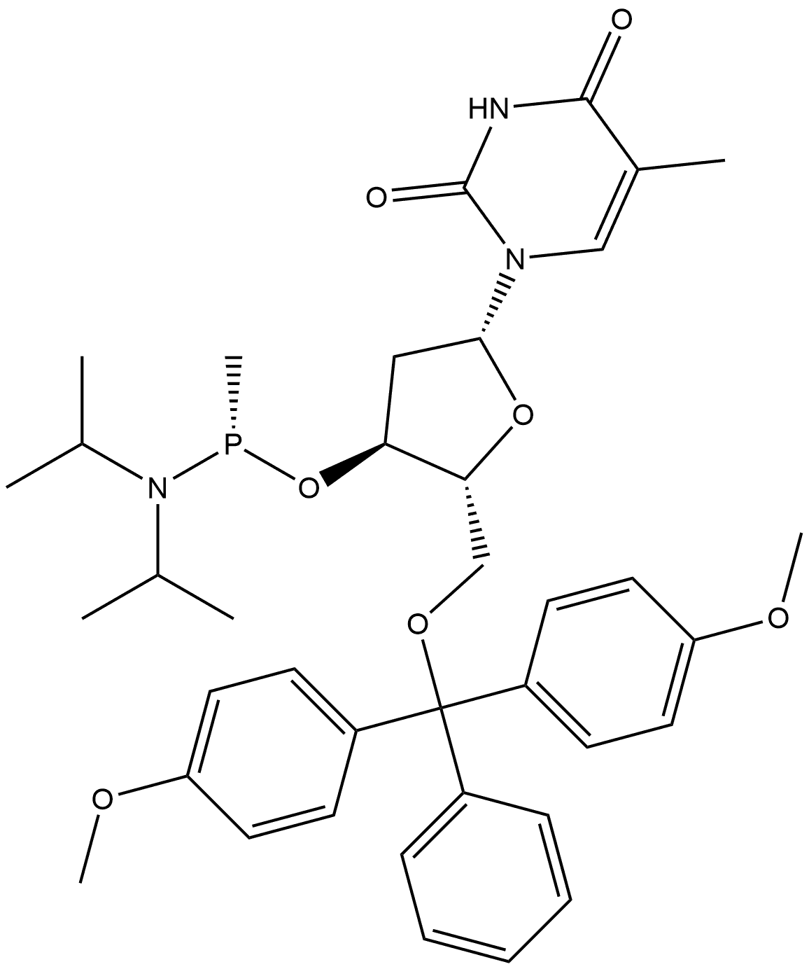 Thymidine, 5'-O-[bis(4-methoxyphenyl)phenylmethyl]-, 3'-[P-methyl-N,N-bis(1-methylethyl)phosphonamidite], (S)- (9CI) 化学構造式
