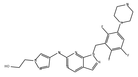 1H-Pyrazole-1-ethanol, 4-[[1-[[2,3,6-trifluoro-5-(1-piperazinyl)phenyl]methyl]-1H-pyrazolo[3,4-d]pyrimidin-6-yl]amino]- Structure