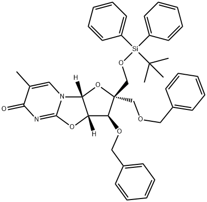 6H-Furo[2',3':4,5]oxazolo[3,2-a]pyrimidin-6-one, 2-[[[(1,1-dimethylethyl)diphenylsilyl]oxy]methyl]-2,3,3a,9a-tetrahydro-7-methyl-3-(phenylmethoxy)-2-[(phenylmethoxy)methyl]-, (2S,3S,3aS,9aR)-,1300589-67-6,结构式