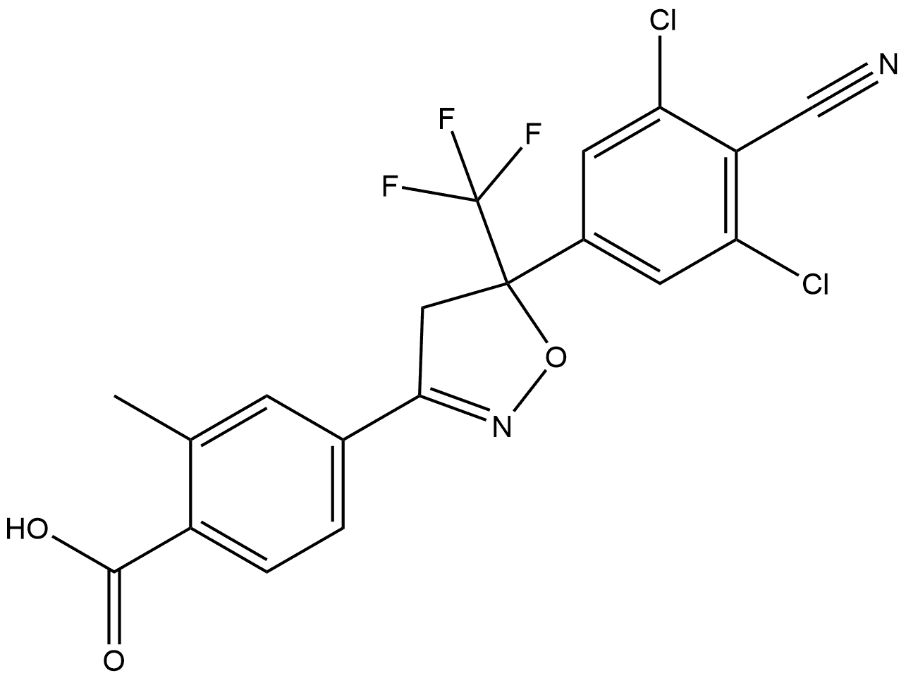4-[5-(3,5-dichloro-4-cyano-phenyl)-5-trifluoromethyl-4,5-dihydro-isoxazol-3-yl]-2-methyl-benzoic acid Structure