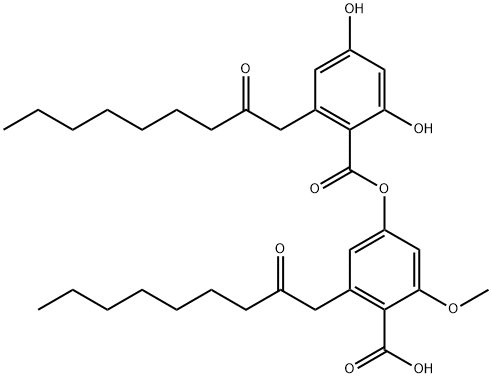 Benzoic acid, 2,4-dihydroxy-6-(2-oxononyl)-, 4-carboxy-3-methoxy-5-(2-oxononyl)phenyl ester Structure