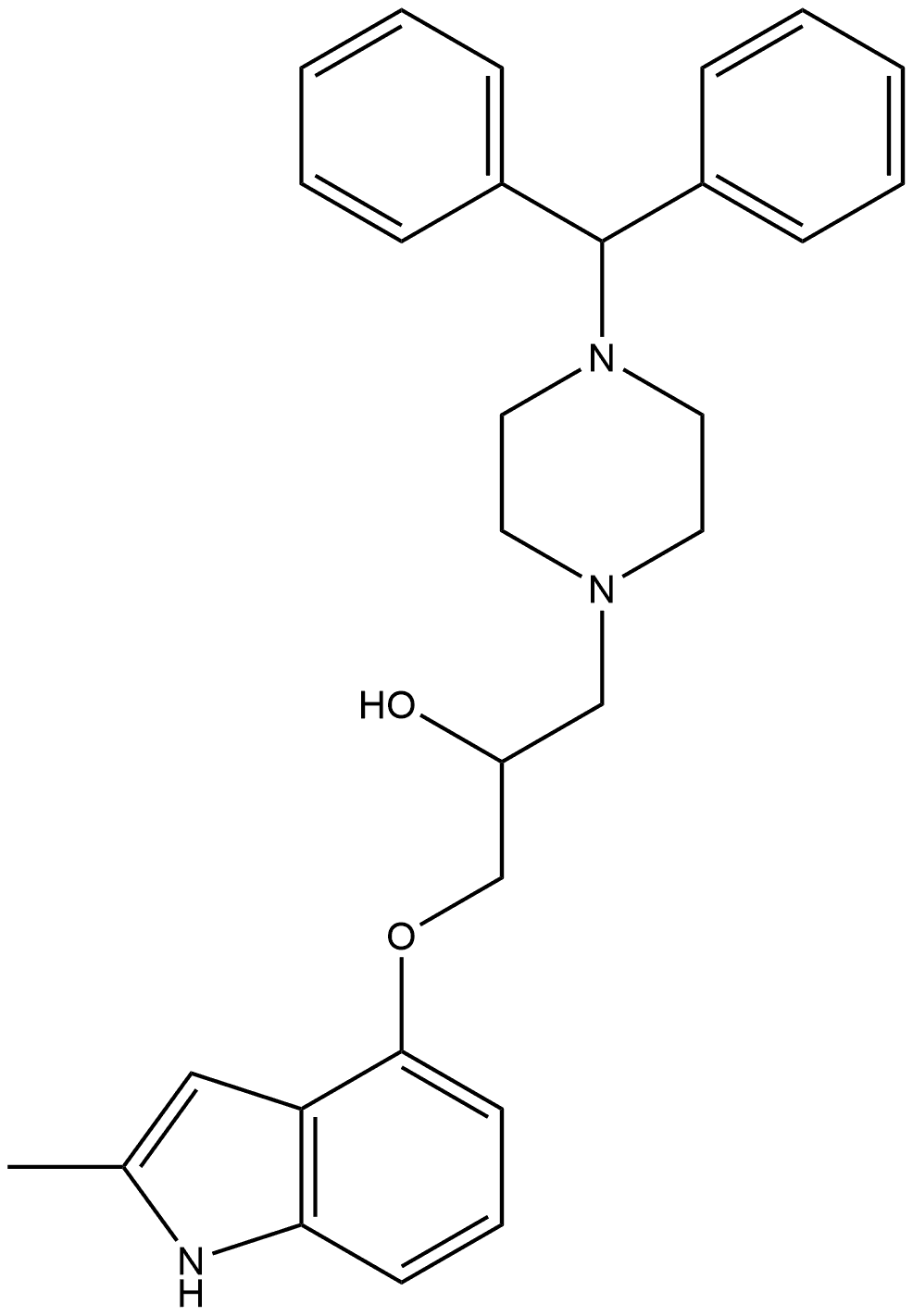 rac-(R*)-1-[(2-メチル-1H-インドール-4-イル)オキシ]-3-[4-(ジフェニルメチル)ピペラジン-1-イル]-2-プロパノール 化学構造式