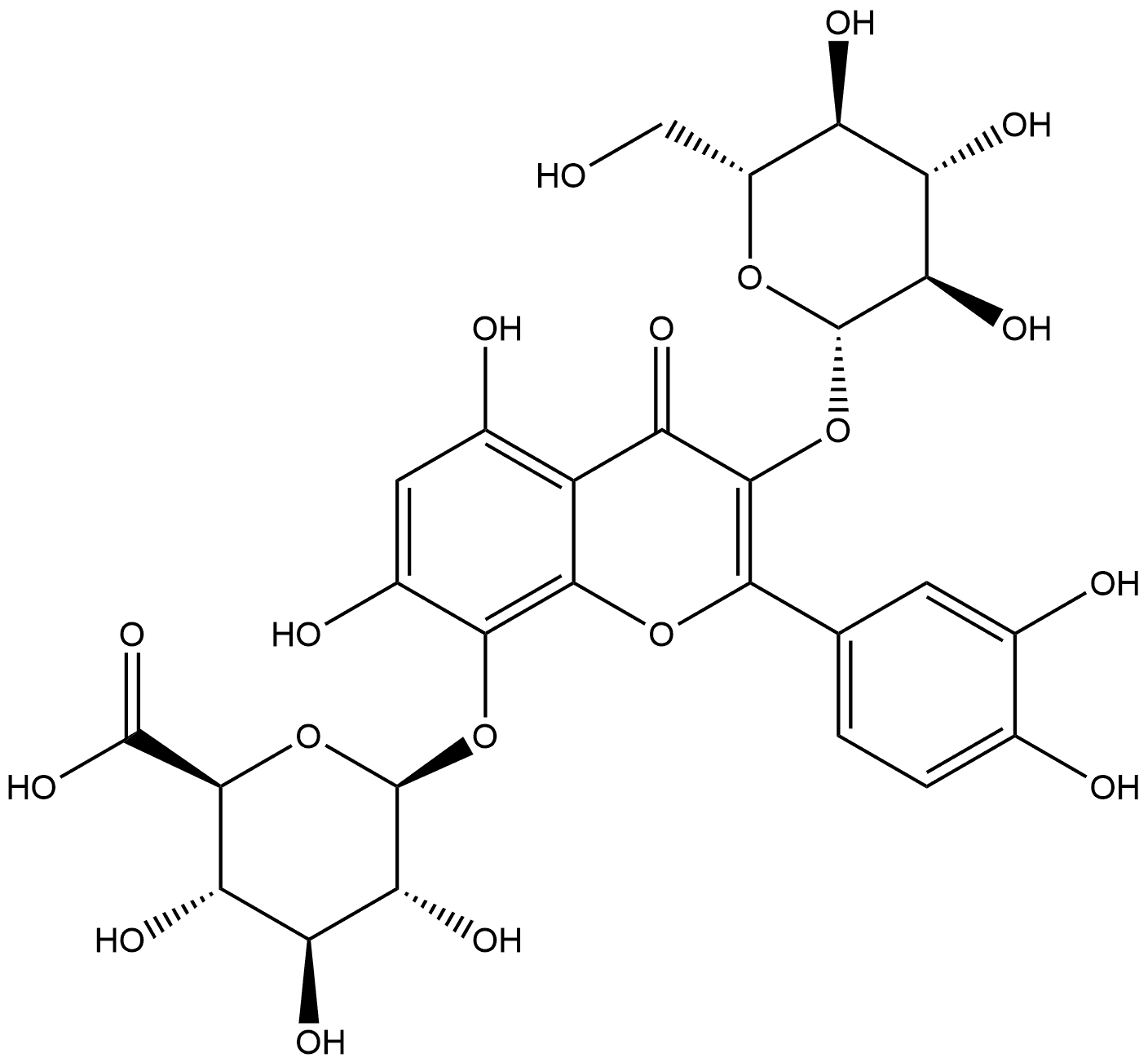 β-D-Glucopyranosiduronic acid, 2-(3,4-dihydroxyphenyl)-3-(β-D-glucopyranosyloxy)-5,7-dihydroxy-4-oxo-4H-1-benzopyran-8-yl 结构式